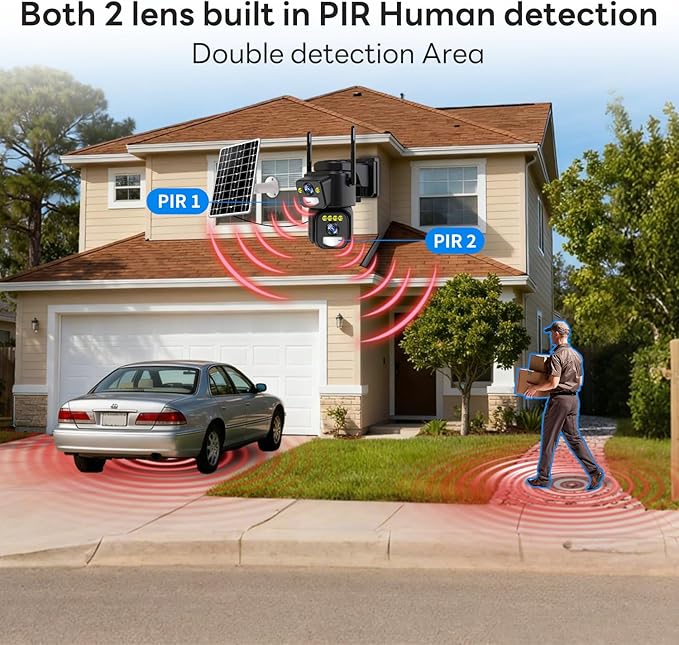 LETSCEE Dual Lens Security Cameras Wireless Outdoor，Solar Cameras for Home Security，Motion Detection,Night Vision,No Month Fee,IP65 Water Proof