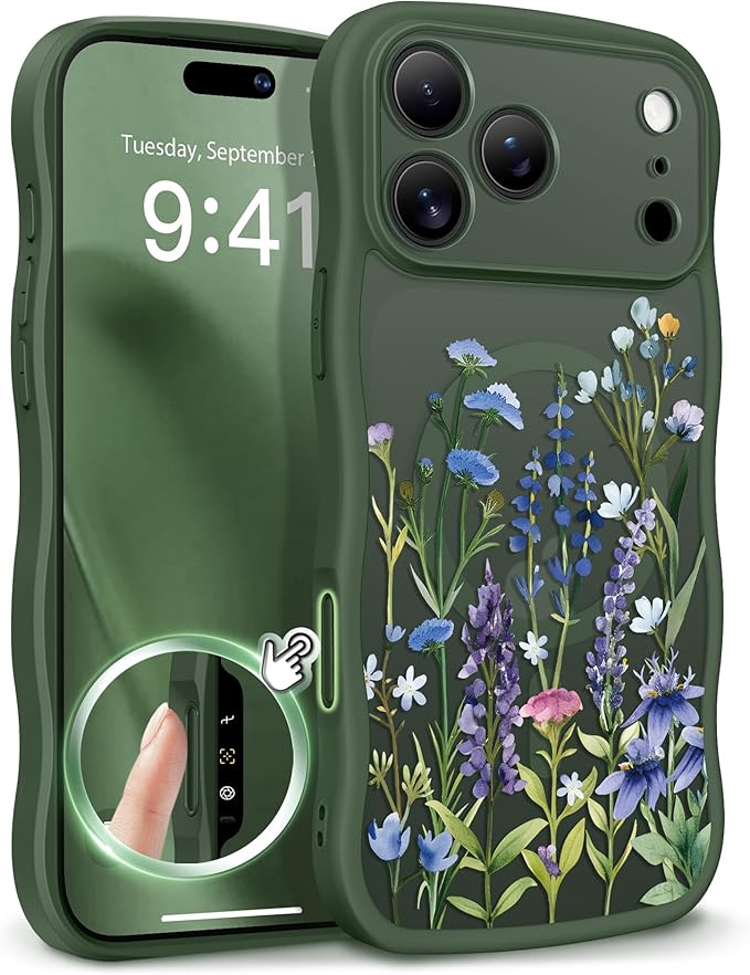 GVIEWIN for iPhone 17 Pro Case Compatible with MagSafe [Curly Wave Edge][Full Camera Protection]Floral Translucent Shockproof Magnetic Women Phone Case for iPhone 17 Pro 6.3'', Sweet Posy/Forest Green