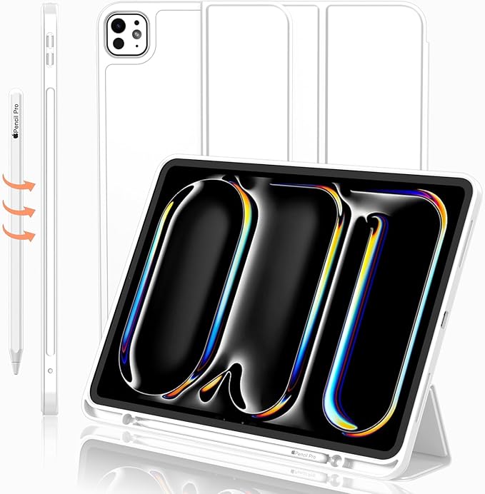 iMieet iPad Pro 13 Inch Case (M5/M4) 2025/2024 with Pencil Holder, Trifold Stand Smart Case with Soft TPU Back, Auto Wake/Sleep (White)
