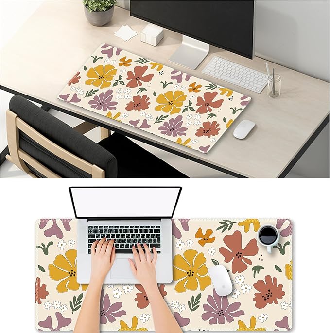 ARTSO Extended Gaming Mouse Pad, Cute XXL Large Keyboard Mat, Flower Long Mousepad Desk Decor Writing Pad Non Slip Rubber Base Stitched Edges for Office, Home, 35.4×15.7 in