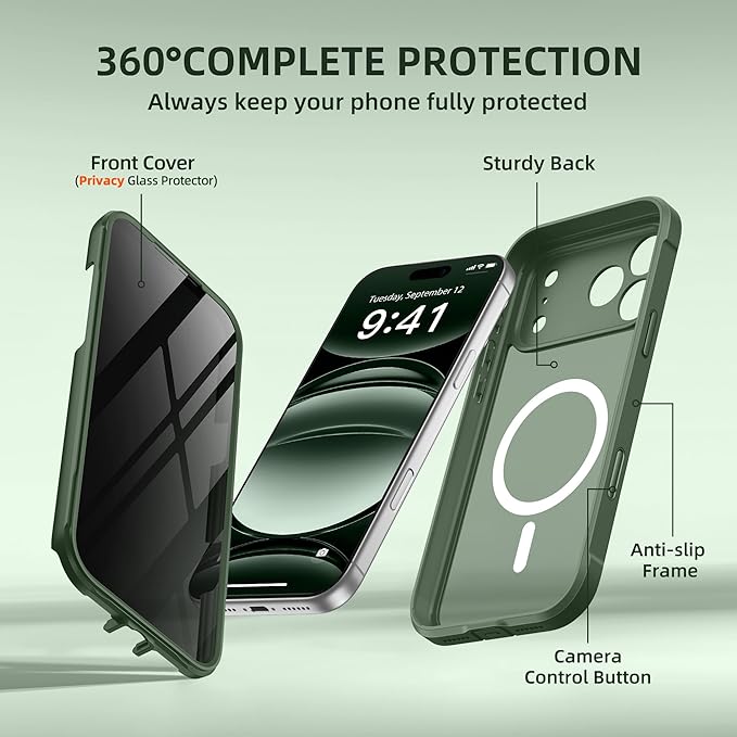 BERFY for iPhone 17 Pro Max Case, Compatible with MagSafe, Built-in Privacy Screen Protector, Camera Protection, Shockproof Full Body Phone Case 6.9", Translucent Deep Green