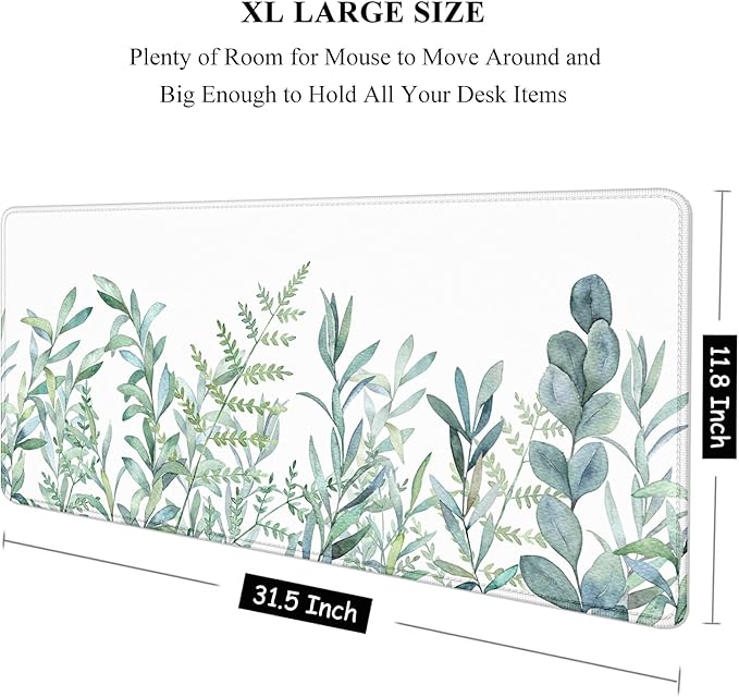 Auhoahsil Large Mouse Pad, XXL Gaming Mousepad, Desk Mat for Desktop, Thick Rubber, Big & Long Size, Stitched Edges, Full Desk Pad for Laptop & Computer, Extended 31.5 x 11.8 in, Minimalist Leaves