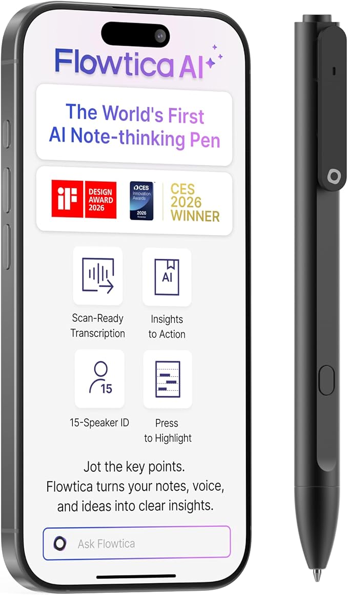 Flowtica Scribe AI Voice Recorder, App Control, Transcribe & Summarize, HiFi Audio with Noise Cancellation, Background Auto-Sync, Note Taker for Meetings & Lectures, Ultra-Slim, Pogopin Cable Included