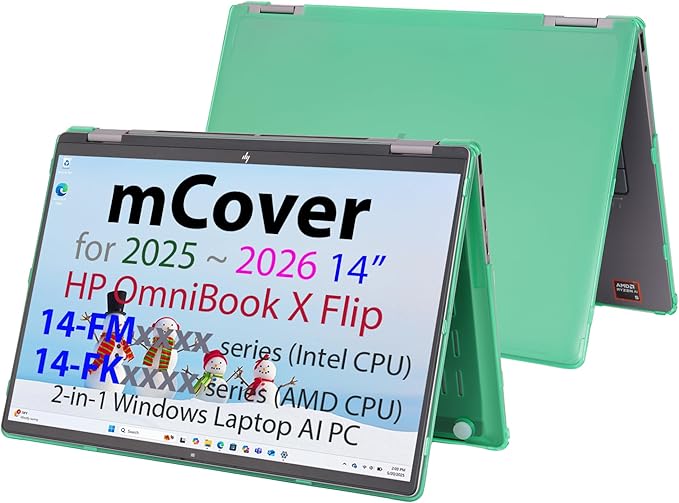 mCover Hard Case ONLY Compatible for 2025+ 14" HP OmniBook X Flip 14-FMxxxx 14-FKxxxx 2-in-1 (with 360° Hinge) Windows Laptop (NOT Fitting Any Other HP Models)- Green