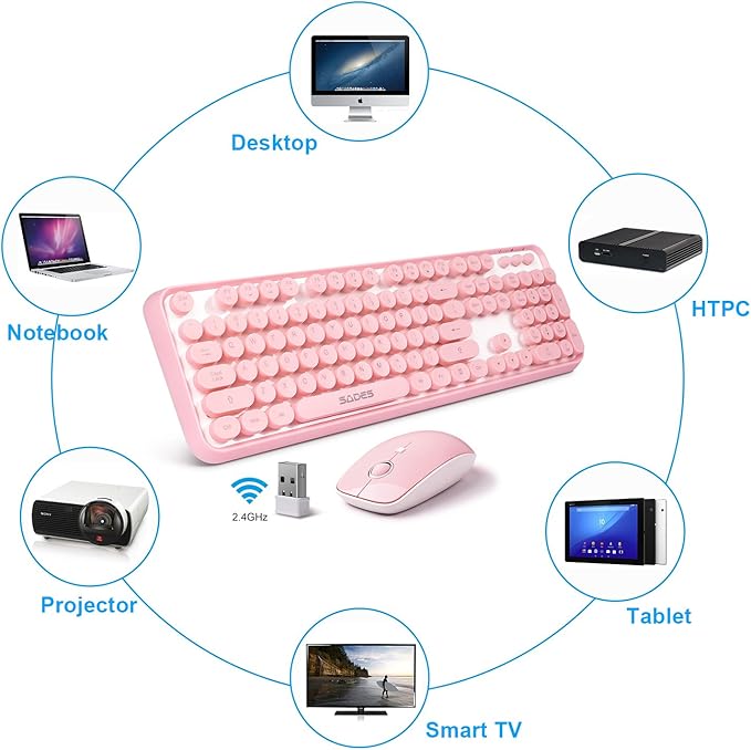Pink Keyboard and Mouse Wireless, Cute Typewriter Style Round Key Keyboard, 2.4GHz Full Size Aesthetic Retro Bubble Creamy Keyboard and Mouse Set for Long Nails PC Laptop Desktop Computer