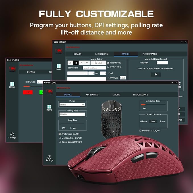 MAMBASNAKE M5 Ultra Carbon Fiber 8KHz Wireless Gaming Mouse,PAW3950MAX Sensor 42K DPI,39g Superlight Tri-Mode 2.4GHz/BT/Wired Computer Mice,Web Driver Support,for Win/Mac/FPS/MOBA/Esports-Red (B)