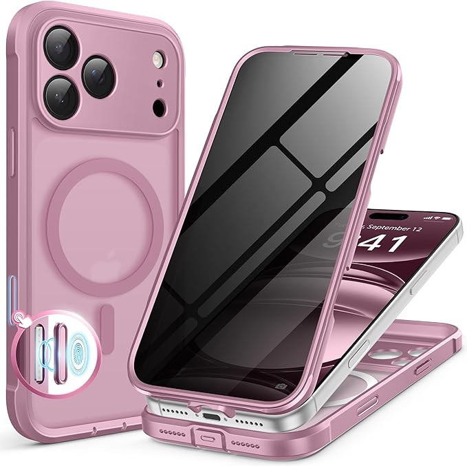 BERFY for iPhone 17 Pro Case, Compatible with MagSafe, Built-in Privacy Screen Protector, Camera Protection, Shockproof Full Body Phone Case 6.3", Translucent Palevioletred