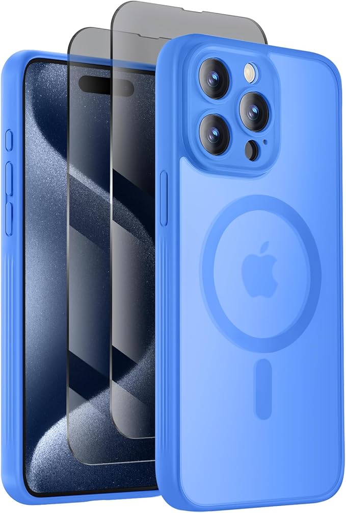 Symcele Designed for iPhone 15 Pro Max Case, Compatible with MagSafe, with Privacy Screen Protectors X2, [Camera Protection] [15FT Military Drop Protection] Shockproof Phone Case, 6.7", Blue