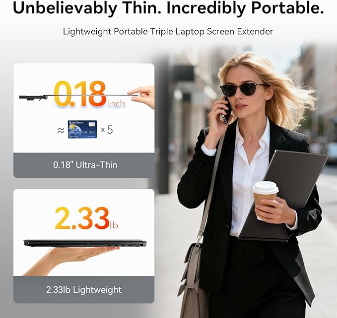 BOSII Laptop Screen Extender One Cable - Triple 14" Ultra Thin IPS FHD 1080P Portable Monitor for 13.3"-17" Laptops Compatible with Windows Mac Travel Work
