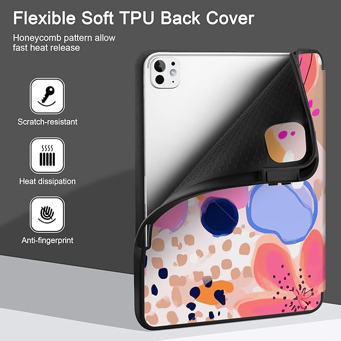 DONGKE Case for iPad Pro 11 inch (M5 2025 / M4 2024, 6th & 5th Generation) – [Built-in Pencil Holder] Ultra Slim PU Leather Trifold Stand Cover with Soft TPU Back, Auto Wake/Sleep, Floral Artistic
