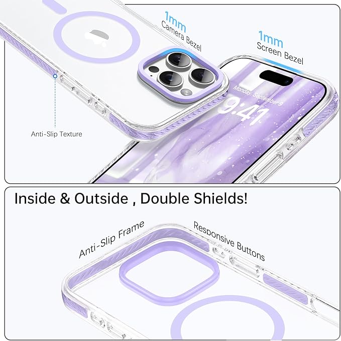 BENTOBEN Magnetic for iPhone 16 Pro Max Case 6.9", Compatible with Magsafe Military Shockproof Protective Bumper Cute Transparent Slim Anti-Yellowing Phone Case for iPhone 16 ProMax Cover,Clear Purple