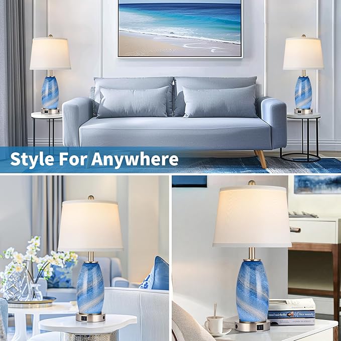 Blue Lamp for Bedroom & Bedside with 3-Way Lighting Modes & USB C+A - Modern Style Glass Nightstand Table Lamp for Living Room & Bedroom Decoration (23.5" H)