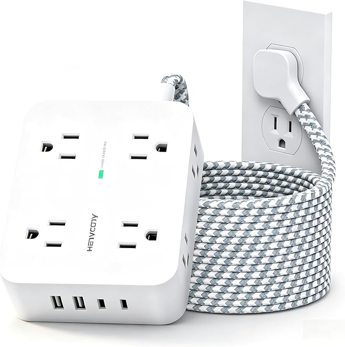 HANYCONY 10 Ft Braided Extension Cord with Ultra-Thin Flat Plug, 8 Widely Spaced Outlets & 4 USB Ports (2 USB C), 1080J Surge Protector Power Strip for Home Office, Dorm Room Essentials, Wall Mount