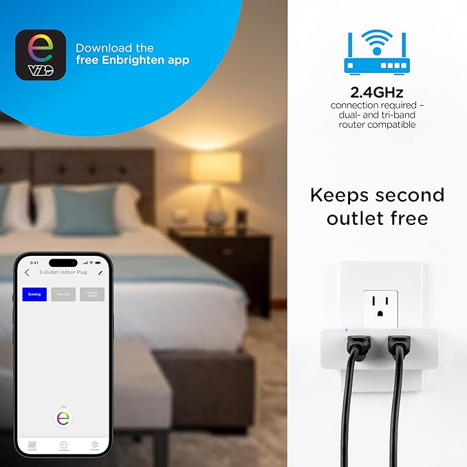 Enbrighten Vibe Indoor Dual-Outlet Wi‑Fi Matter Smart Plug, 2.4GHz, No Hub Required, Compatible with Alexa and Google Assistant, Dual Grounded Plug‑in Outlets, 81198-TS1
