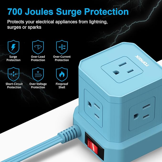 TOPREK Surge Protector Power Strip, 10 FT Flat Extension Cord with 5 Outlets, 2 USB-C & 2 USB-A, Power Strip with USB for Living Room, Nightstand, Office, Travel, Desk Charging Station, 700J