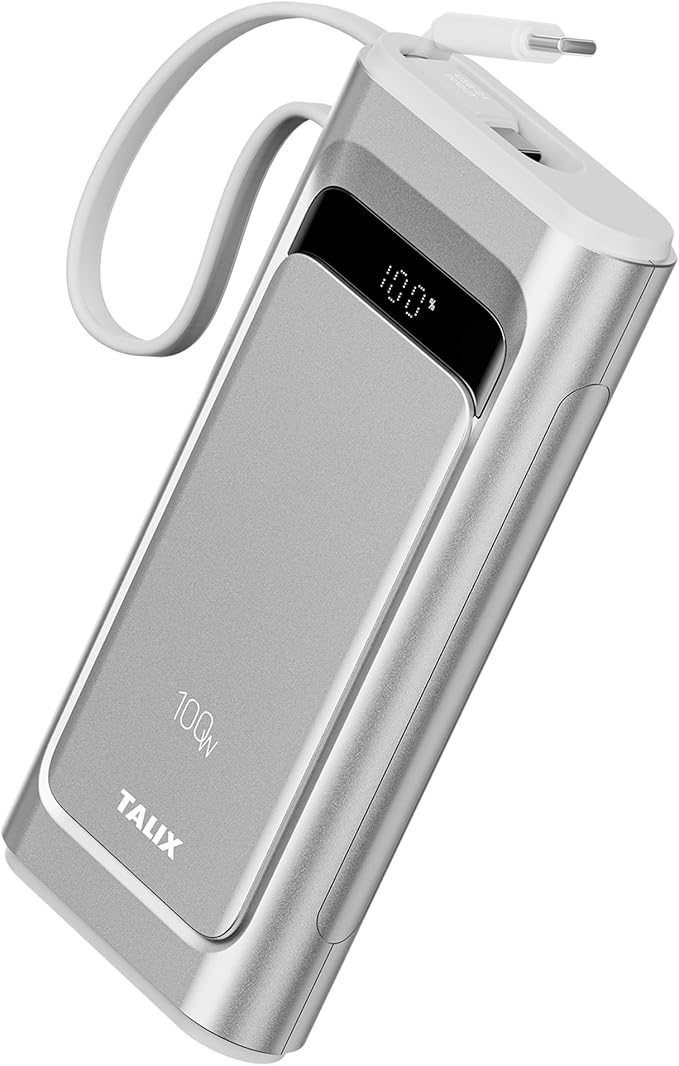 TALIX 100W Laptop Portable Charger,3-Port USB-C Fast Charging Power Bank 10000mAh Battery Pack with Built-in Retractable Cables for MacBook,Computer,Cell Phones,iPhone 17,iPad,Android,Samsung,Silver