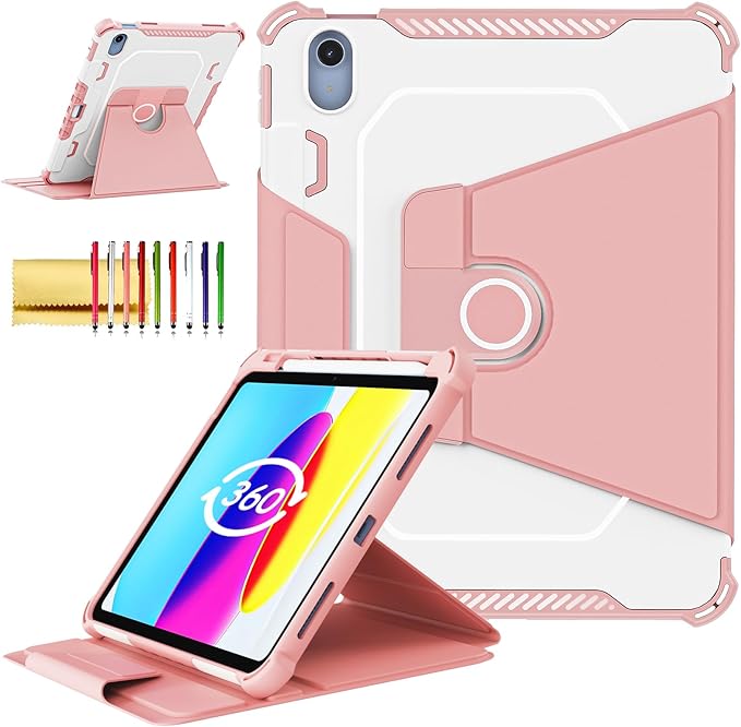 Rotating Case for iPad 11" A16 2025 / iPad 10th Generation 10.9" 2022 Smart Cover with Pencil Holder, Techcircle [Corner Protection] Hybrid TPU+PC Magnetic Flip Stand Soft Bumper Cover, Baby Pink
