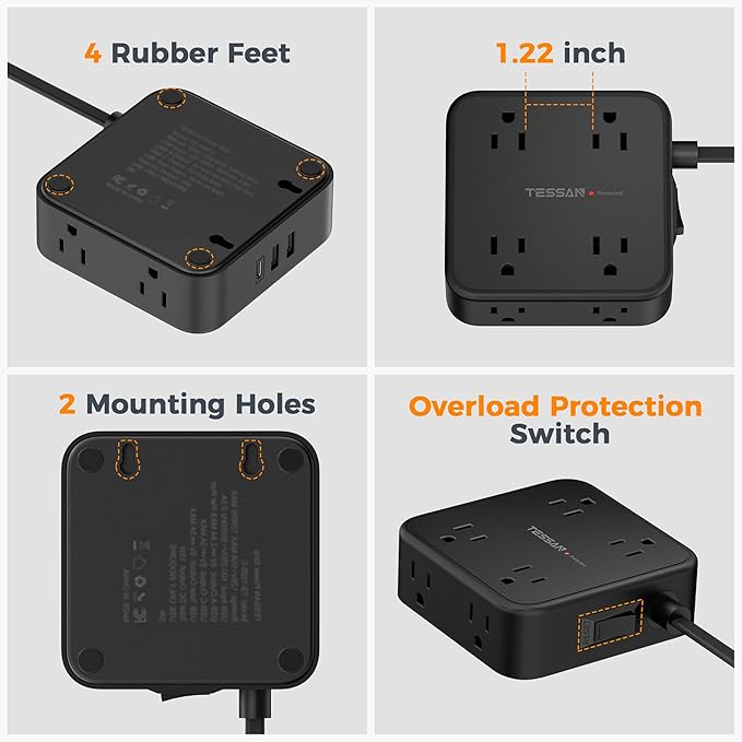 TESSAN Surge Protector Power Strip, 5 Ft Flat Plug Extension Cord with 3 USB (1 USB C) 8 Outlets, 1250W, 900J Protection, 3 Sided Outlet Extender with Power Switch for Office, Dorm Room, Black