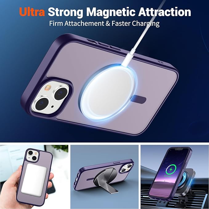 SUPFINE Magnetic for iPhone 15 Plus Case & iPhone 14 Plus Case(Compatible with MagSafe)(Military Grade Drop Protection) Translucent Shockproof Phone Cover,Dark Purple