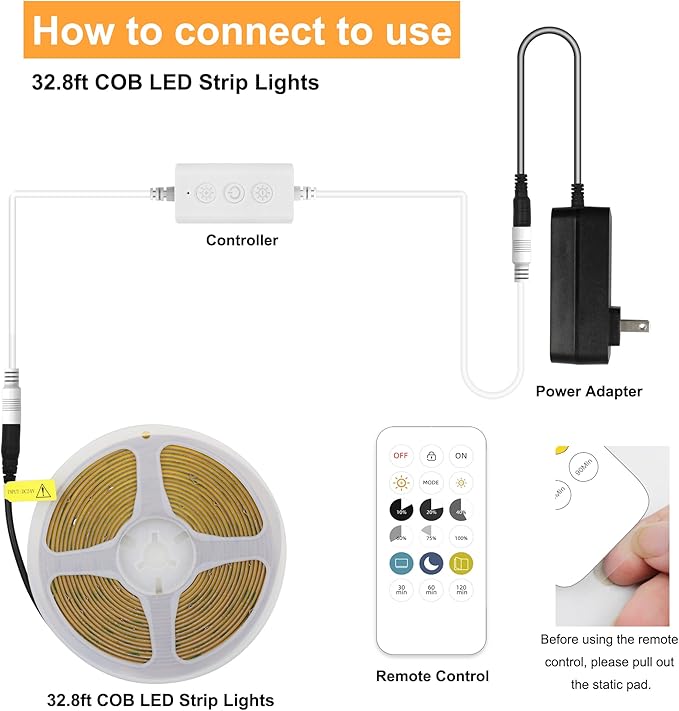 AXMOTUT COB LED Strip Lights with RF Remote, 24V 32.8ft Warm White Dimmable LED Light Strips, High Bright 3000K LED Lights with Power Supply for Room, Kitchen, DIY Home Decoration