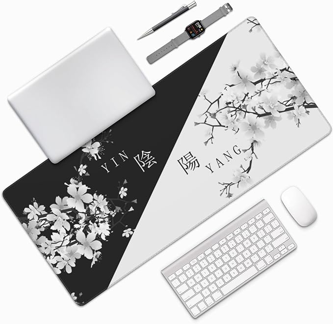 Large Gaming Mouse Pad Japanese Black White Cherry Blossom Mouse Pad with Stitched Edges & Nonslip Rubber Base Extended XXL Long Mousepad Big Desk Mat for Company Office Work, 35.4 x 15.7 in