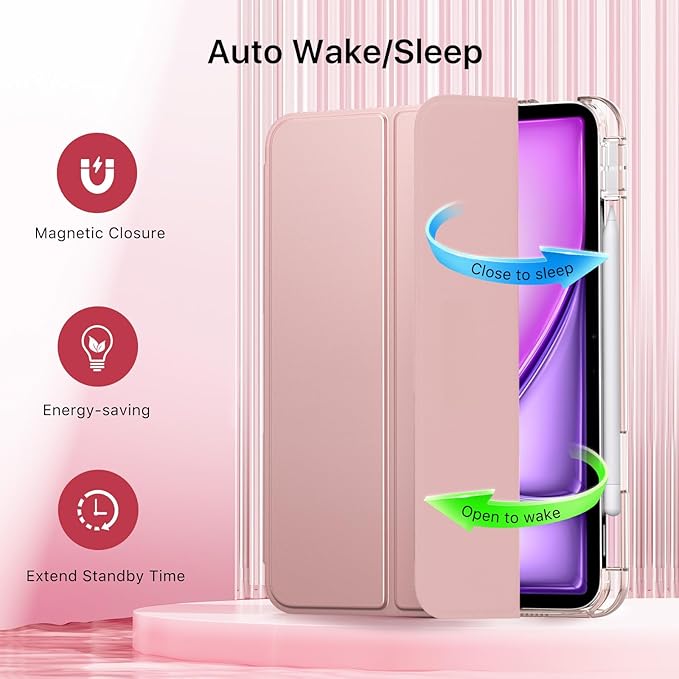 MoKo for iPad Air 11 inch Case (M4/M3/M2) 2026/2025/2024, iPad Air 5th/4th Gen 10.9 inch Case 2022/2020 with Pencil Holder, Slim Trifold Cover with Hard PC Translucent Back Shell,Rose Gold