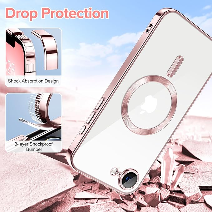 Hython Magnetic Clear for iPhone 17e Case with Camera Lens Protector [Compatible with MagSafe] Luxury Plating Edge Slim Soft TPU Cover Protective Phone Case for iPhone 17e 6.1", Pink