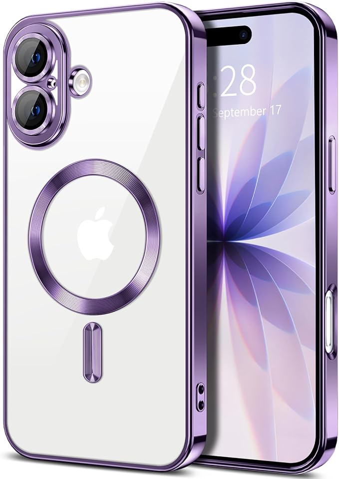 Hython Magnetic Clear for iPhone 17 Case with Camera Lens Protector [Compatible with MagSafe] Luxury Plating Edge Slim Soft TPU Cover Protective Phone Case for iPhone 17 6.3", Deep Purple