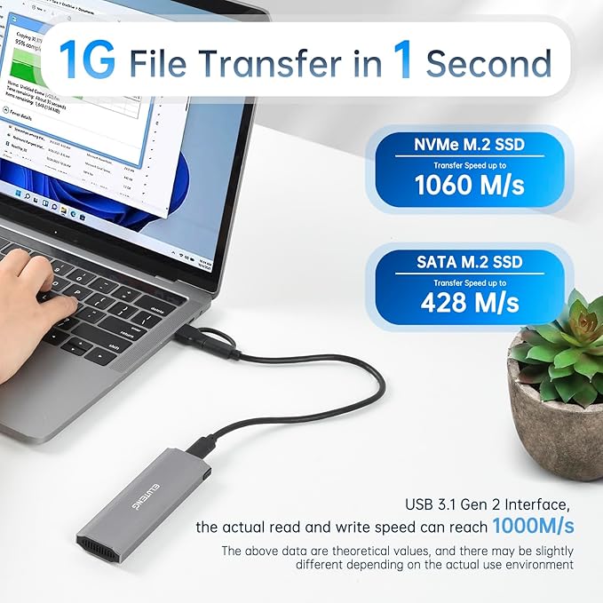 ELUTENG M.2 SSD Enclosure M.2 NVME SATA Dual Protocol Hard Drive Enclosure Aluminum USB 3.2 Gen 2 10Gbps External NVMe to USB SSD Reader Max 4TB Supports M and B&M Keys SSDs