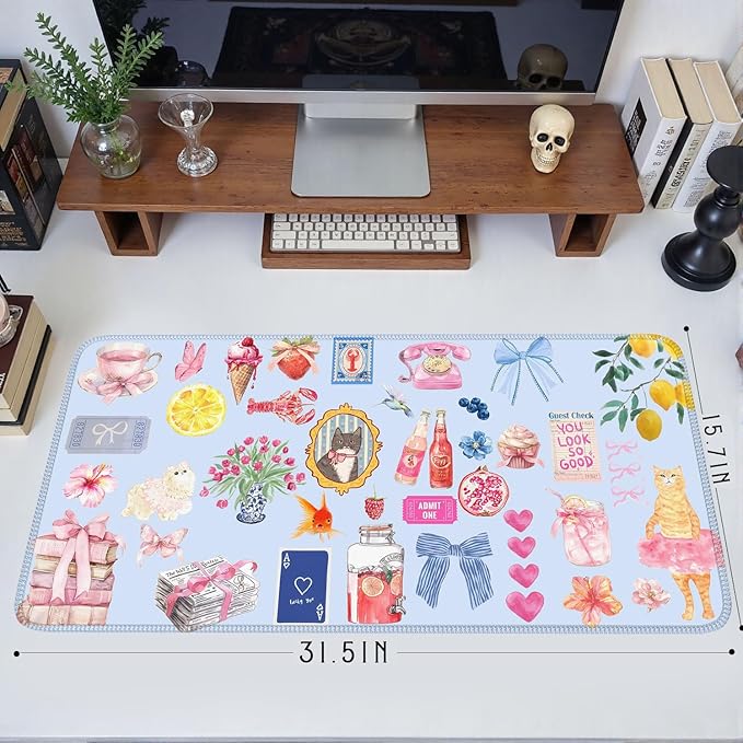 Cute Blue Desk Mat Kawaii Cat Mouse Pad Retro Vintage Large XXL Mousepad Computer Keyboard Laptop Mouse Mat Aesthetic Floral Office Desk Decor for Women Girl