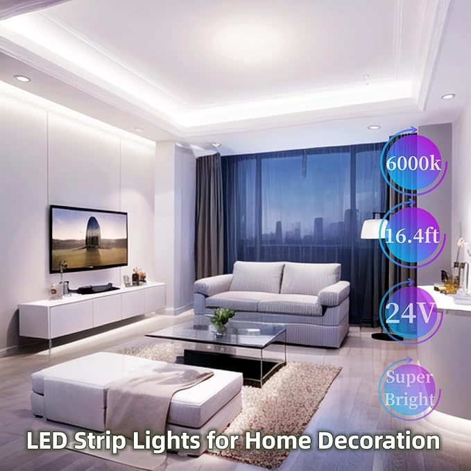 White Led Strip Lights for Bedroom Small Dimmable LED Lights Strip 16.4ft Super Bright Flexible LED Tape Lights Rope Light for for Room Home Decor Luces Leds for Living Room Kitchen Vanity Mirror