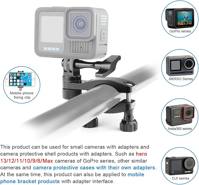 Bike Handlebar Mount forGopro Hero 13 12 11 10 9 8 DJI Osmo Insta360 AKASO and Other Action Camera 360-degree Rotation for 0.6-1.38 inch All-Aluminum Bicycle Motorcycle Handlebar Selfie Stick
