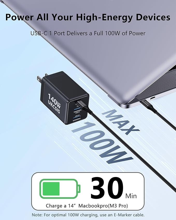 140W USB C Laptop Charger Block, Foldable 3-Port GaN Fast Charger, Type C Charging Block, Fast Charging Adapter for MacBook Pro/Air, iPad, iPhone, Samsung Galaxy (Grey)