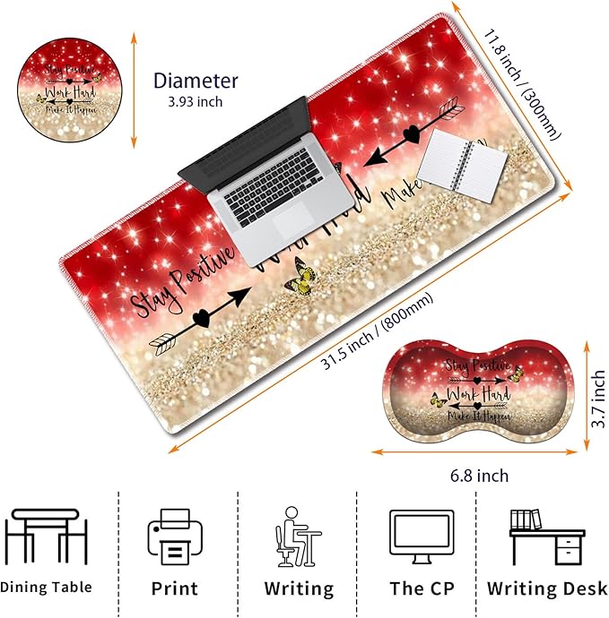 Durable Desk Mat + Wrist Rest Pad + Coasters Set, Large Gaming Office Mouse Pad 31.5 "x 11.8", Extended Non-Slip Rubber Keyboard Pad, Laptop & Home, Stay Positive Work Hard and Make It Happen