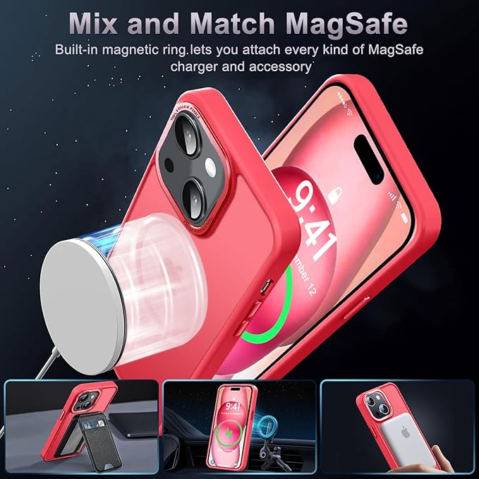 Newfuture Magnetic for iPhone 15 Case [Compatible with Magsafe] [Military Grade Drop Protection] Translucent Matte Anti-Fingerprint Shockproof Phone Case for iPhone 15 6.1 inch, Red