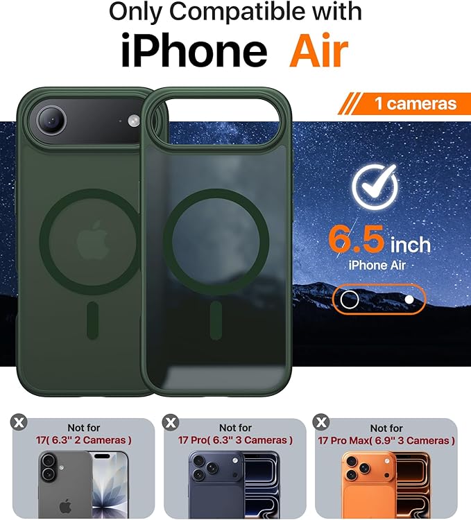 Magnetic for iPhone Air Case 2025,[Anti-Slip][Compatible with MagSafe][Military Grade Drop Protection] Shockproof Protective Translucent Matte Phone Case for iPhone 17 Air Case,Forest Green