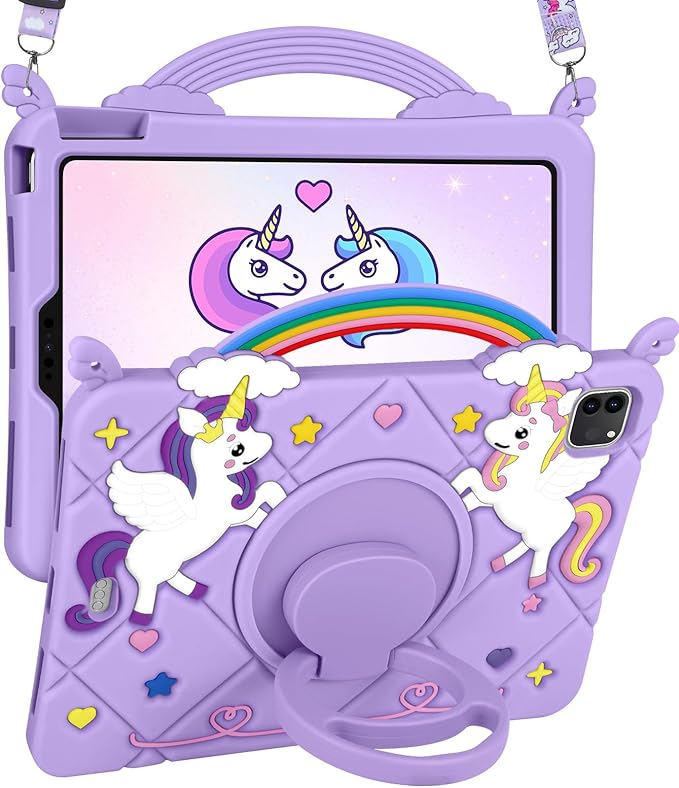 Uppuppy for iPad Air 11 inch Case(Air M4 2026, 8th Gen/M3 2025/M2)/Air 5th/4th Gen 10.9", for iPad Pro 11 inch Case(4th/3rd/2nd/1st Gen) - Purple Unicorn Cover with Rotating Stand & Strap for Girls