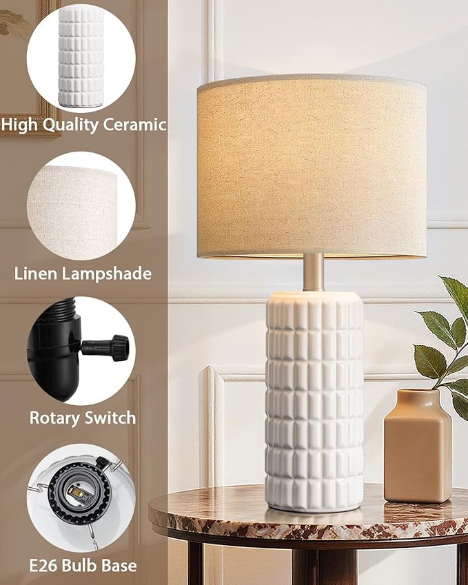 Seealle 23" Modern Ceramic Table Lamps - Table Lamps for Living Room, Farmhouse Bedside Night Stands Lamp for Bedroom, White Boho Nightstand Lamps, Desk Lamp for End Table Home Decor(Single)