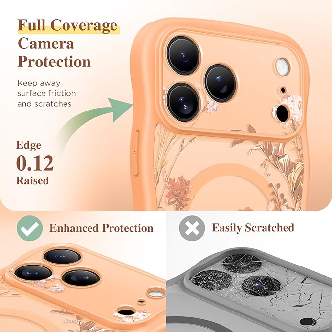 GVIEWIN for iPhone 17 Pro Case Compatible with MagSafe [Curly Wave Edge][Full Camera Protection] Floral Translucent Shockproof Magnetic Women Phone Case for iPhone 17 Pro 6.3'', Campanula/Orange