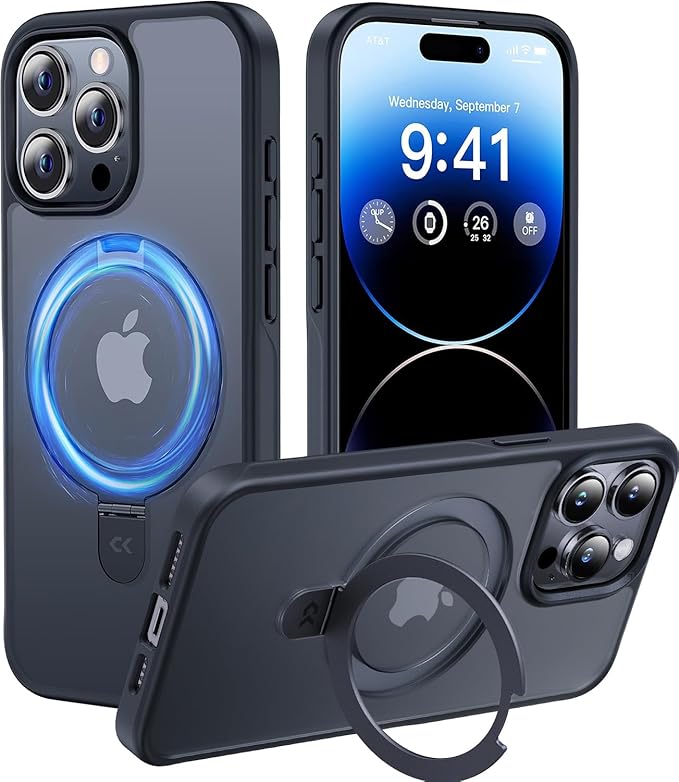 CASEKOO for iPhone 15 Pro Case with Magnetic Invisible Stand [Military Drop Protection] [Compatible with MagSafe] Shockproof Slim Translucent Matte Case 6.1 Inch, Black, for Man/Woman