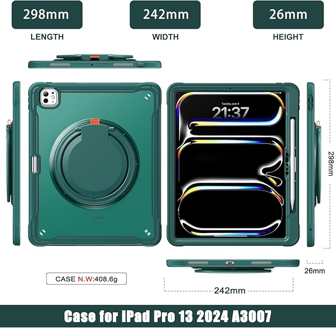 Batianda for iPad Pro 13 inch Case 2025 M5 2024 M4 Chip Lightweight Dual-Layer Protective Tablet Cover, Durable Shock-Absorbing Corners with 360° Rotating Kickstand Ring Built-in Pen Slot, Teal