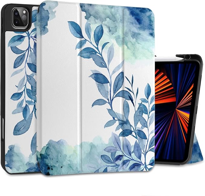 DONGKE Case for 2022/2021/2020/2018 iPad Pro 11 inch Gen 4/3/2/1 - Slim Protective Case - Built in Pencil Holder Support Charging - Trifold Stand & Sleep/Wake Cover - Watercolor Blue Floral