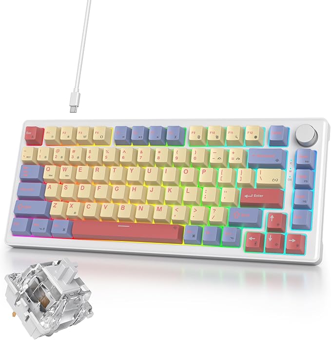 75% Cotton Candy Creamy Mechanical Keyboard Wired, Creamy Sound Gasket Gaming Thocky Keyboard with Knob, Hot Swappable RGB Custom Keyboard, Pre-lubed Cream Switch Keyboard (82 Candyfloss)