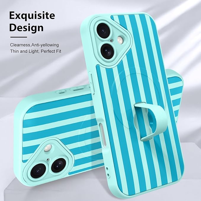 KANGHAR Compatible with iPhone 16 Case, Support for MagSafe, Silicone Stripes Cute Pattern, Wristband Kickstand Camera Protection Soft Slim Cover for Girls Women -Blue