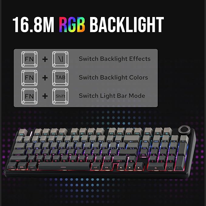 MechLands Aula F99 PRO 96% Mechanical Gaming Keyboard, BT5.0/USB-C/2.4GHz Wireless, Hot Swappable Gasket Custom Keyboard with 8000mAH Battery, Rotary Knob, RGB Backlit for Win/Mac (Grey)