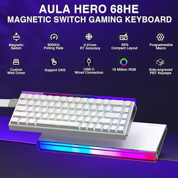 AULA Hero 68 HE 60% Gaming Keyboard Wired, Hall Effect Magnetic Switch Keyboard with Adjustable Actuation, Fast Trigger Mode, 8K Hz Polling Rate, 0.125ms Latency,Side Printed PBT Keycaps, RGB Backlit