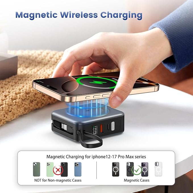 for Magsafe Portable Charger with AC Wall Plug, 6-in-1 Magnetic Wireless Power Bank 10000mAh Built-in Cables, 22.5W Type-C in&Out Fast Charging Battery Pack for iPhone 17/16/15/14/13/12 Series, Gray