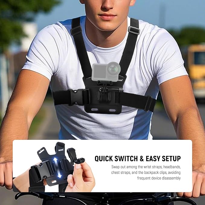 NEEWER Accessory Set Compatible with GoPro Hero Insta360 DJI AKASO Action Camera, Quick Change Head Strap Head Strap Holder, Chest Strap, Backpack Hat Clip Holder & 360° Wrist Strap for GP-75