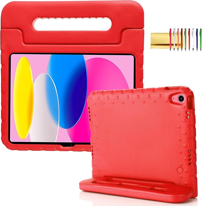 Kids Case for iPad 10th Generation (2022), iPad 11" A16 2025 Case with Pencil Holder, Techcircle Handle Stand Lightweight EVA Foam Bumper Protective Rugged Drop Protection Child Proof Cover, Red
