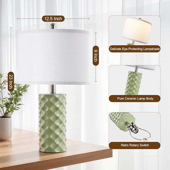 Vitality Green & Star Diamond Ceramic Table Lamps (Set of 2) - 23" Luxe Modern Bedside Lamps for Nightstand,bedrooms, Living Rooms, or entryways & Rotary Switch,No Bulbs